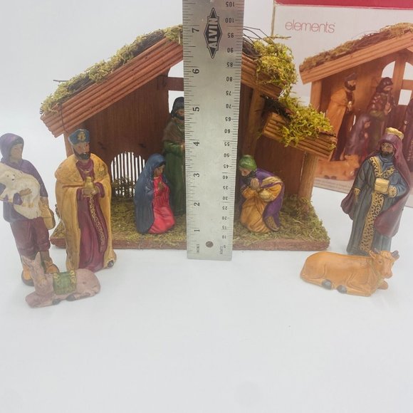 Elements Ceramic Dark Ethnic Nativity Set with Wooden Manger Figurines Set of 10 - Picture 3 of 12